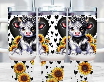 May include: Three white tumblers with a black and white cow design, sunflowers, and black hearts. Each tumbler features a cow with a bow, a black heart, and the text "9 FREE Designs Included!" and "we design you create".