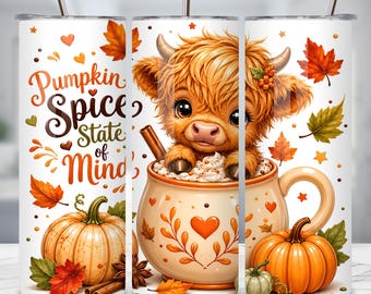 Highland Cow Tumbler Wrap PNG, Pumpkin Spice Fall 20oz Skinny Tumbler Design, Autumn Sublimation, Cute Baby Cow Digital Download