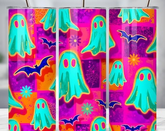 Retro Neon Checkered Ghost Halloween Tumbler Wrap PNG, Neon Ghost 20oz Skinny Tumbler Sublimation, Neon Spooky Season Straight Tumbler Wrap