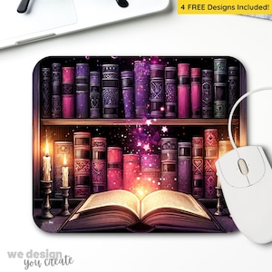 May include: A purple and pink mouse pad with an illustration of a bookshelf filled with books, glowing with magic and a book open in the foreground. The text "4 FREE Designs Included!" is in the top right corner.