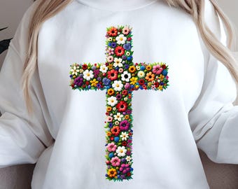 Floral Cross PNG, Flower Cross Design, Religious Design Christian PNG Digital Download, Spring Floral PNG, Easter Cross with Flowers Png