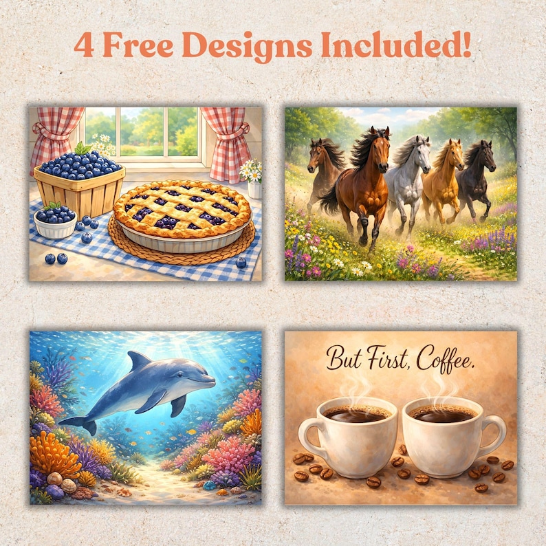May include: Four rectangular art prints featuring distinct scenes: a blueberry pie on a checkered cloth, five horses running through a meadow, a dolphin swimming near a colorful coral reef, and two coffee cups with the text But First, Coffee.