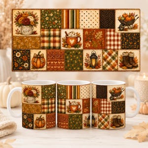 May include: Three white ceramic mugs featuring a patchwork design of autumn-themed illustrations including pumpkins, a wheelbarrow, a lantern, a mug of hot cocoa, floral arrangements, plaid patterns, and brown winter boots.