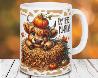 Highland Cow Mug Wrap, 11oz and 15oz Mug Sublimation Design, Instant Digital Download PNG, Fall Mug PNG Hay There Pumpkin Highland Cow Print