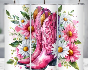 Pink Cowgirl Boots Tumbler Sublimation Design, Floral Daisy 20oz Skinny PNG, Country Western Tumbler Wrap, Seamless Instant Digital Download
