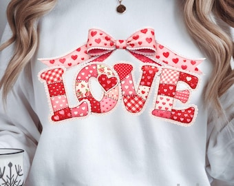 Valentine's Day PNG, Quilted LOVE with Bow Clipart, Valentine's Day Sublimation, Valentines Pattern Patchwork Letters, Cute Romantic Design