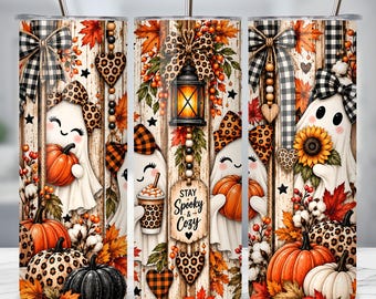 Cute Ghost Fall Tumbler Wrap PNG, Stay Spooky 20oz Skinny Tumbler, Leopard Pumpkin Sublimation, Farmhouse Halloween Ghost PNG