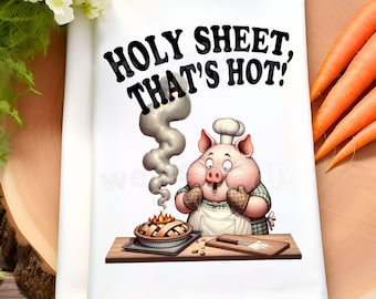 Conception de sublimation de torchon drôle, serviette de cuisine PNG, feuille sacrée c'est chaud PNG, drôle de nourriture jeu de mots torchon mignon cochon PNG Design, cadeau de chef