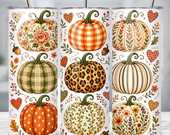 Adesivo per bicchiere termico con zucca autunnale PNG, design per sublimazione per bicchiere termico sottile da 20 once, motivo autunnale a quadri vintage e leopardato senza cuciture, download digitale