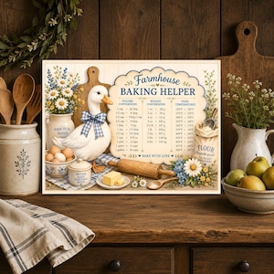 May include: A rectangular sign titled Farmhouse Baking Helper featuring a white duck with a blue checkered bow, a wooden rolling pin, a butter dish, and a flour sack. The sign displays volume, weight, and oven temperature conversion charts.