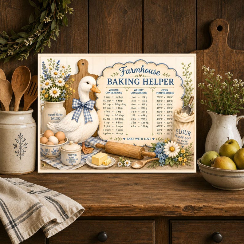 May include: A rectangular sign titled Farmhouse Baking Helper featuring a white duck with a blue checkered bow, a wooden rolling pin, a butter dish, and a flour sack. The sign displays volume, weight, and oven temperature conversion charts.