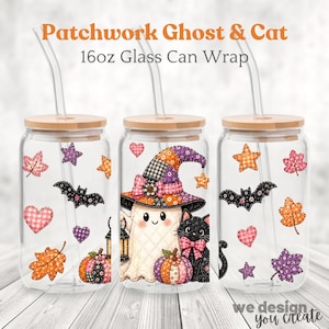 Patchwork Halloween Glass Can Wrap PNG, Halloween 16oz Can Design, Quilted Ghost Cat Sublimation, Cute Spooky Digital Download