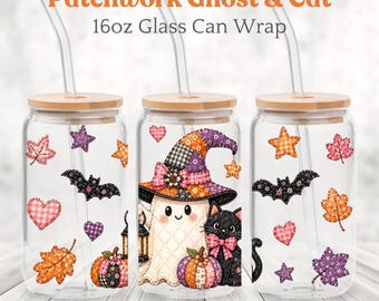 Patchwork Halloween Glass Can Wrap PNG, Halloween 16oz Can Design, Quilted Ghost Cat Sublimation, Cute Spooky Digital Download