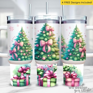 Christmas 40oz Tumbler Wrap, 40oz Christmas Sublimation Design, Pink Christmas Tumbler Wrap, Christmas Tree PNG, Pink Coquette Bow PNG 40 oz