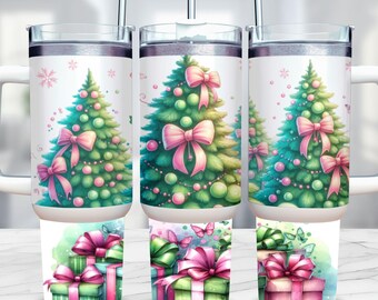 Christmas 40oz Tumbler Wrap, 40oz Christmas Sublimation Design, Pink Christmas Tumbler Wrap, Christmas Tree PNG, Pink Coquette Bow PNG 40 oz