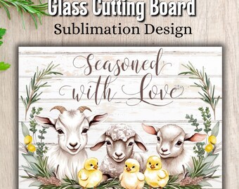 Glazen snijplank sublimatieontwerp, snijplank boerderijdieren png, babygeit PNG, babykuikens PNG, gekruid met liefde Instant Download