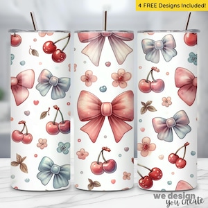 Bows & Cherries Tumbler Wrap PNG 20oz Skinny Sublimation Design Digital Download, Retro Cherries Pattern, Coquette Bows Tumbler Seamless PNG