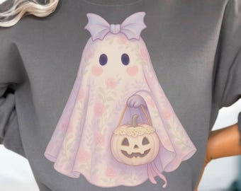 Fantasma floral pastel PNG, design fofo de Halloween, camiseta fantasma para menina, gráfico de temporada assustadora, fantasma rosa pastel de Halloween com laço e balde de abóbora