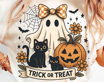Retro Halloween Ghost Cat PNG, Spooky Fall Shirt Design, Coquette Halloween Digital Download