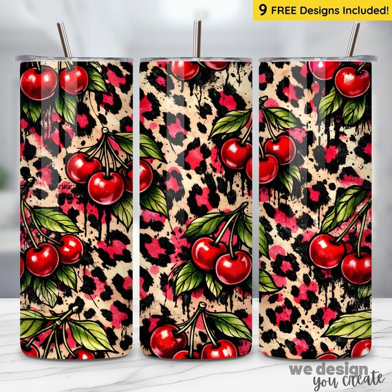 Cherry & Cheetah Tumbler Wrap 20oz Sublimation Design, Animal Cheetah Wrap, Cherries Leopard Print, Punk Grunge Digital Download Cherry Wrap