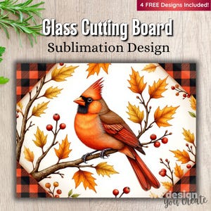Cardinal Cutting Board Sublimation Design, Fall Plaid Glass Cutting Board PNG, Country Kitchen Decor Digital Download, Chopping Board PNG