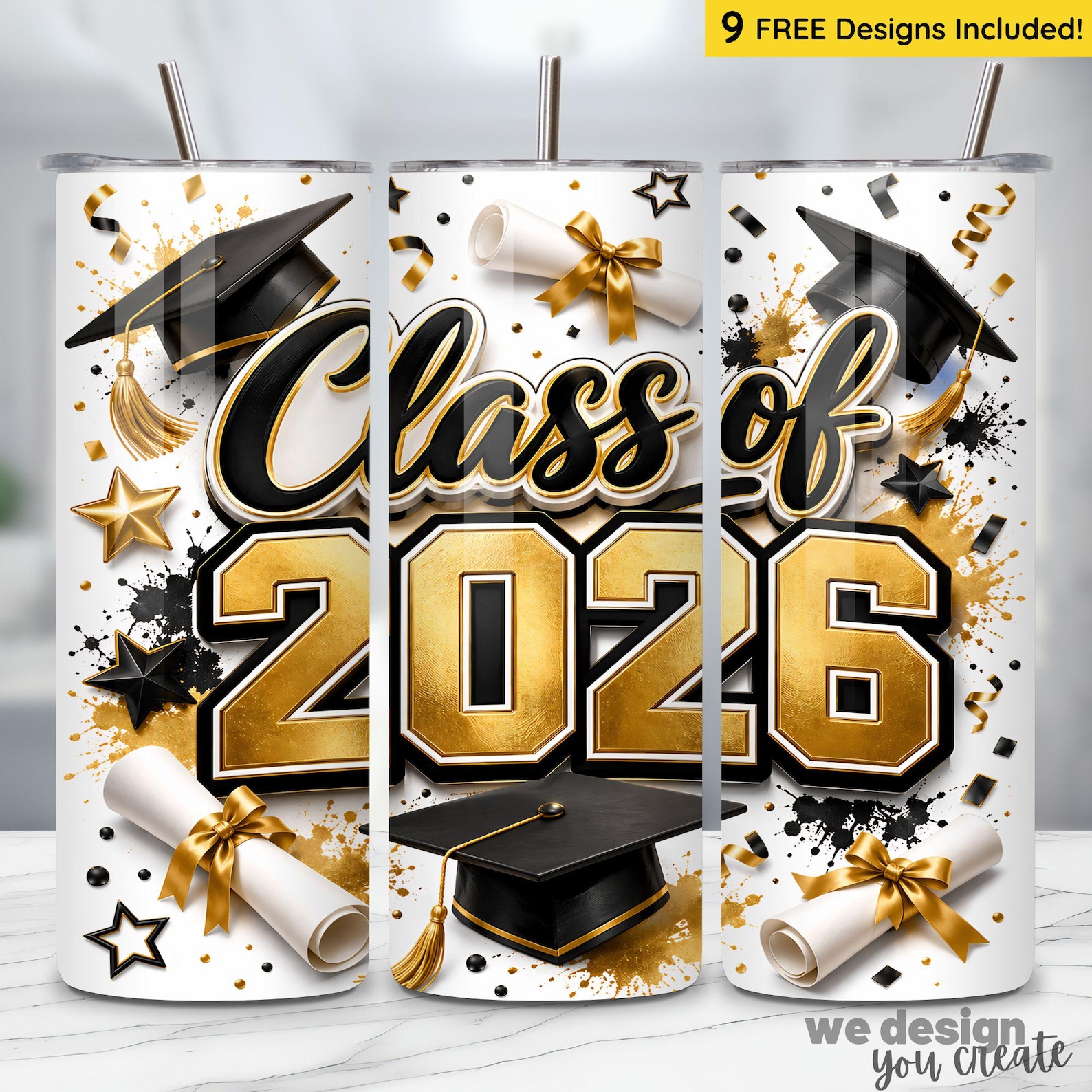 Class of 2026 Tumbler Wrap PNG, Black Gold Graduation 20oz Skinny ...