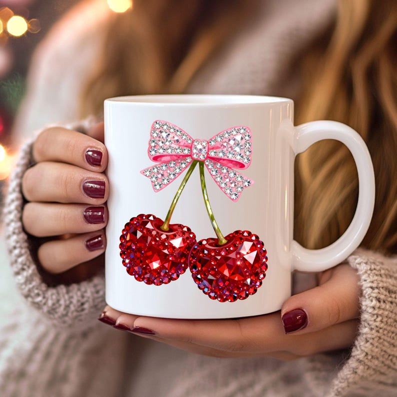 May include: White ceramic mug featuring a pink bow with crystal accents and two red cherry designs. The cherries have a sparkling, gem-like appearance. The mug has a curved handle and is held by a person.