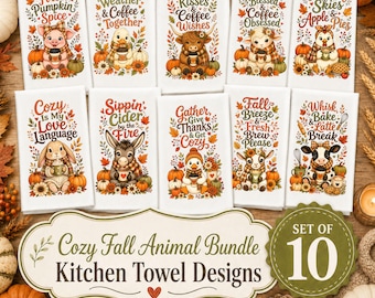 Set di asciugamani da cucina autunnali con simpatici animali, disegni a sublimazione autunnali, file PNG per strofinacci, file per strofinacci da cucina rustici con animali da fattoria, download digitale.