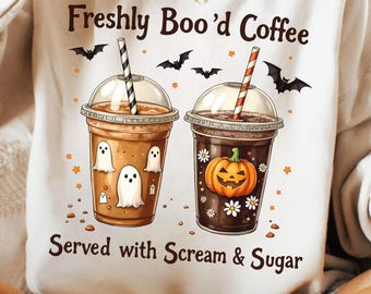 Freshly Boo’d Coffee PNG Design, Trendy Halloween Sublimation Design, Coffee Lover Gift, Cute Ghost Shirt, Scream and Sugar Digital Download