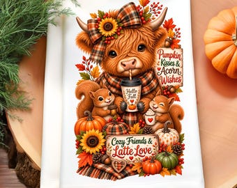 Highland Cow Fall Kitchen Towel PNG, Autumn Sublimation Design, Cute Cow PNG, Fall Coffee Design, Cozy Season PNG