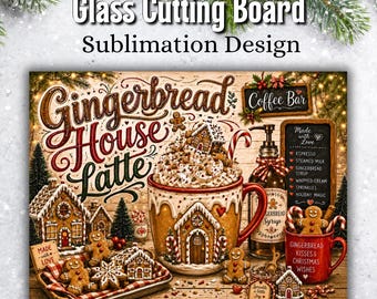 Gingerbread House Latte Cutting Board PNG, Christmas Coffee Sublimation, Holiday Coffee Bar PNG, Festive Kitchen Decor