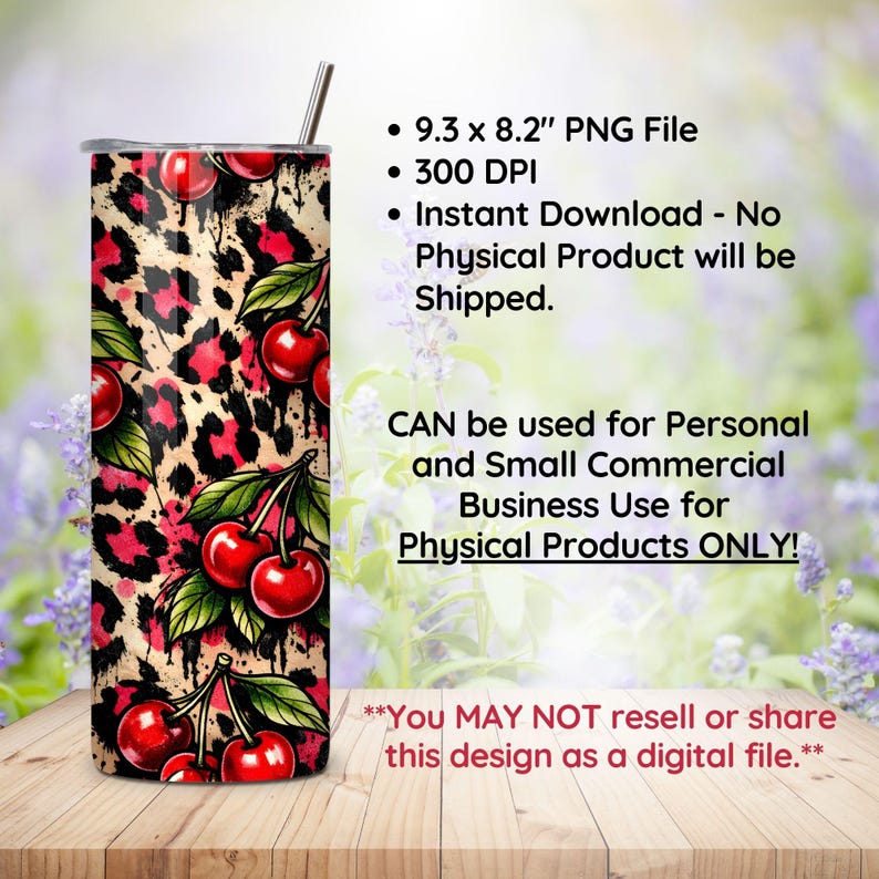 May include: A stainless steel tumbler with a cherry and leopard print design. The tumbler features a pattern of red cherries and pink leopard spots on a tan background. The tumbler also has a silver straw.