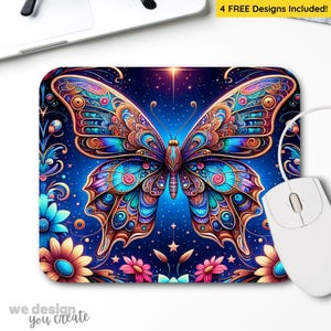 May include: A colorful butterfly with intricate details on its wings against a dark blue background with stars. The butterfly is surrounded by flowers in shades of pink, blue, and yellow.