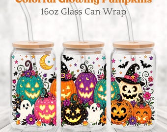 Glowing Pumpkins Glass Can Wrap PNG, Halloween 16oz Can Design, Cute Ghost Jack O Lantern Sublimation, Digital Download