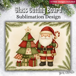 Puede incluir: Tabla de cortar de vidrio rectangular con un diseño de sublimación navideño. El diseño presenta un Papá Noel de dibujos animados con un bastón de caramelo junto a un árbol de Navidad y regalos envueltos. El texto "Glass Cutting Board Sublimation Design" está en la parte superior.