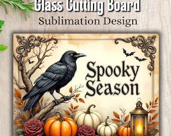 Halloween Cutting Board PNG Sublimation Design, Spooky Season Cutting Board Design, Fall Kitchen Decor PNG, Crow Pumpkin Chopping Board PNG