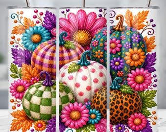 Immagine PNG di una colorata decorazione per bicchiere termico a forma di zucca, design floreale autunnale per bicchiere da 20 oz, download digitale per sublimazione, tazza autunnale