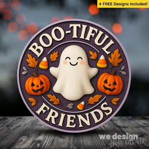 May include: A round Halloween-themed design with the words "BOO-TIFUL FRIENDS" in white. It features a smiling ghost, two jack-o'-lanterns, autumn leaves, and candy corn on a purple background. The text "4 FREE Designs Included!" is at the top.