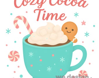 Gemütliche Kakaozeit PNG für Sublimation: Niedlicher Lebkuchen & Marshmallow Becher, Urlaub Winter Design, Weihnachten Heißer Kakao, Kakao Urlaub Grafik