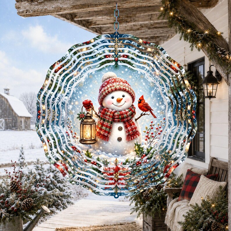 May include: A circular metal wind spinner featuring a central illustration of a snowman wearing a red plaid scarf and hat, holding a lit lantern, with a red cardinal perched nearby, surrounded by a snowy winter landscape and decorative snowflakes.