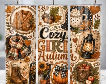 Cozy Girl Autumn Tumbler Wrap PNG, 20oz Skinny Tumbler Sublimation Design, Rustic Fall Sweater Weather Wrap, Cozy Autumn Season Digital