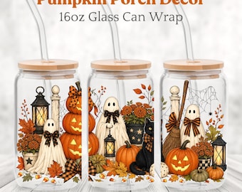 Halloween Glass Can Wrap PNG, Halloween 16oz Can Design, Ghost Pumpkin Sublimation, Cozy Fall Digital Download