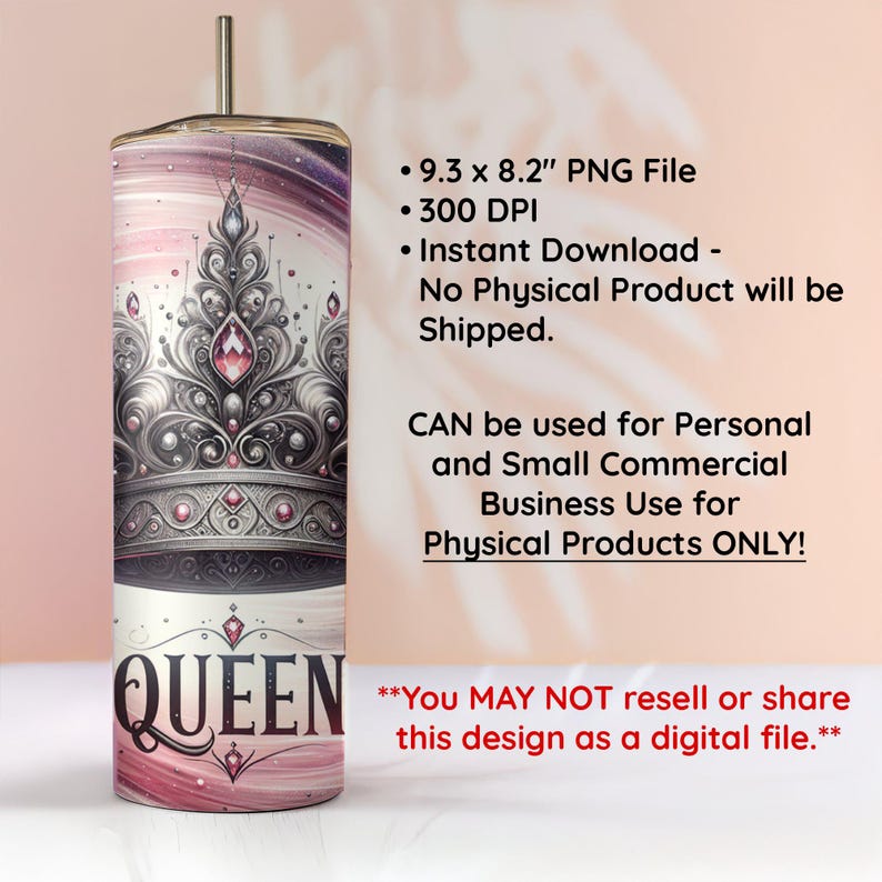 Queen Crown Tumbler Wrap, Elegant Royalty Design (PNG Digital Download) image 3