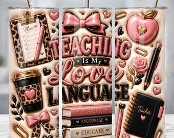 Decorazione 3D gonfiabile per bicchieri termici per insegnanti, stampa leopardata, regalo per insegnanti PNG, design per sublimazione per la scuola da 20 once, download digitale