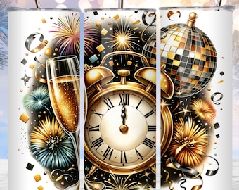 Feliz Ano Novo, Copo Térmico de 20 oz, Design de Sublimação Digital para Download, Ano Novo 2025 PNG, Envoltório de Fogos de Artifício, Bola de Discoteca PNG
