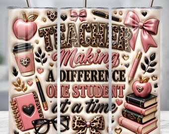 Decorazione 3D gonfiabile per bicchieri termici per insegnanti, stampa leopardata, regalo per insegnanti PNG, design per sublimazione per la scuola da 20 once, download digitale