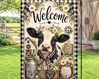 Vlag koetuin png, boerderij werf vlag sublimatie, rustiek landelijk veranda decor, welkom teken koe, digitale download, 12 x 18 vlag ontwerp
