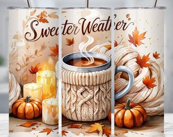 Sweater Weather Tumbler PNG, Autumn 20oz Skinny Tumbler Sublimation, Fall Mug Wrap Design, Cozy Season Cup Design, Coffee Lover PNG Tumbler