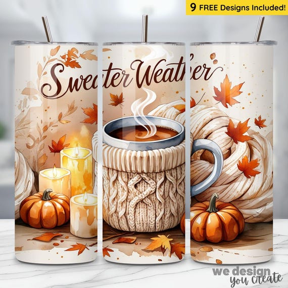 Sweater Weather Tumbler PNG, Autumn 20oz Skinny Tumbler Sublimation, Fall Mug Wrap Design, Cozy Season Cup Design, Coffee Lover PNG Tumbler