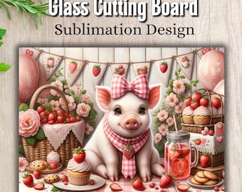 Cute Pig Glass Cutting Board Sublimation Design, Pig Cutting Board PNG, Strawberry Chopping Board PNG, Farmhouse Kitchen Decor PNG Chef Gift